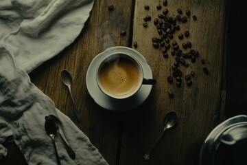 Poster - A steaming cup of coffee surrounded by coffee beans and utensils on a wooden table.
