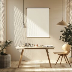 Aufkleber - A serene workspace with a wooden desk, chair, and natural light.