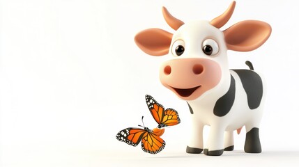 Poster - A cheerful cartoon cow interacts with a butterfly, showcasing a playful scene.