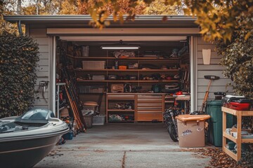 Aufkleber - A cluttered garage filled with various tools and storage items.