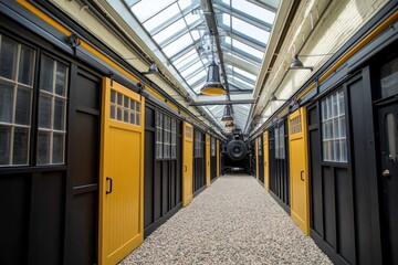 Poster - A corridor with yellow doors and a vintage train in a well-lit industrial space.