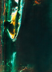 Wall Mural - distressed foil. old film overlay. green orange white color reflect light flare defect dust scratche