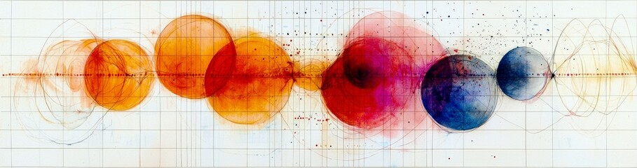 Poster - Abstract Geometric Patterns with Vibrant Circular Shapes in Vivid Colors Representing Artistic Sound Waves and Flowing Motion in a Harmonious Arrangement