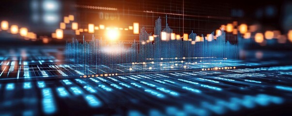 Poster - Futuristic Data Visualization with Digital Graphs and Bright Elements Representing Market Trends and Analytics at Sunrise