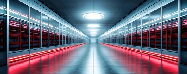 Poster - Futuristic Data Center Interior with Neon Lights and Symmetrical Lines, High-Tech Environment for Artificial Intelligence and Digital Infrastructure