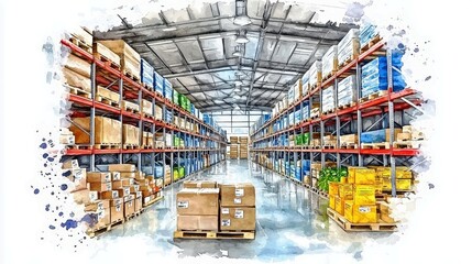 Poster - Spacious warehouse interior featuring organized shelves lined with boxes and bright lighting, ideal for logistics and inventory management visuals