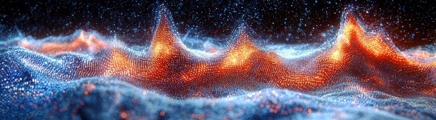 Poster - Colorful Abstract Landscape with Vibrant Peaks and Shimmering Particles in Dark Background Representing Digital Art and Modern Technology