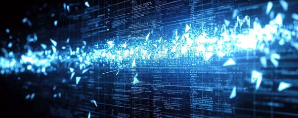 Poster - Abstract Digital Background with Bright Blue Particles and Data Streams for Technology and Innovation Themes