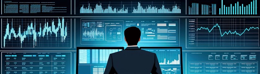 Poster - Business Professional Analyzing Data Trends on Multiple Digital Screens in a Modern Office Environment with Graphs, Charts, and Analytics Overview
