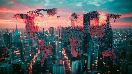 Poster - Abstract Digital World Map Overlay on City Skyline at Dusk with Colorful Sunset and Blurry City Lights Creating a Futuristic Atmosphere