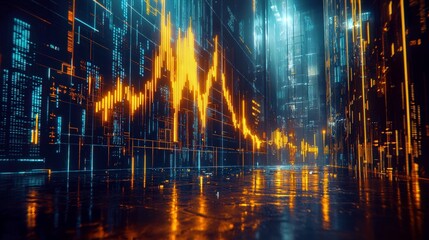 Poster - Futuristic Data Visualization with Dynamic Graphs and Neon Lights in an Abstract Urban Environment, Perfect for Technology and Finance Themes