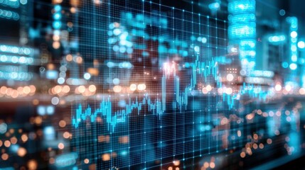 Poster - Vibrant Digital Financial Graph Representing Market Trends with Blurred Cityscape Background Illuminated by Bokeh Lights