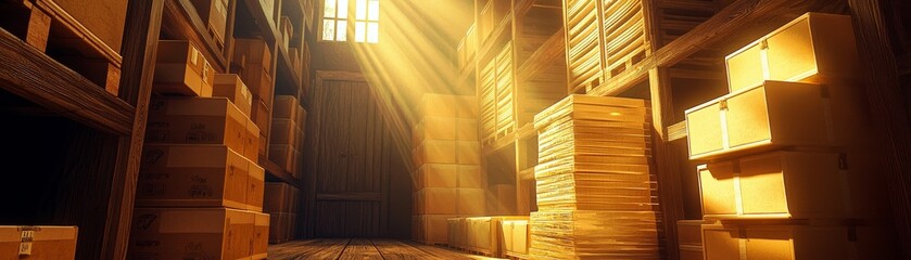 Poster - Sunlight Streaming Through Warehouse Doorway Illuminating Boxes in Rustic Storage Space with Wooden Floors and Warm Atmosphere