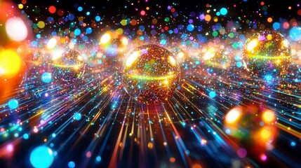 Poster - Vibrant Abstract Digital Art with Shimmering Spheres and Colorful Particles Creating a Stunning Visual Experience of Light and Movement