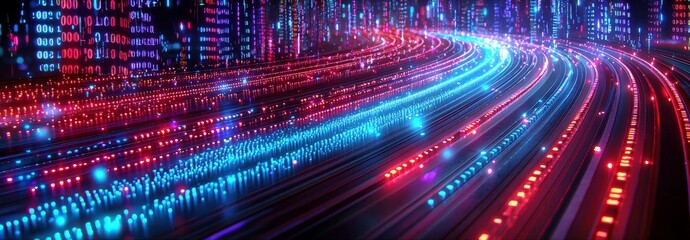 Poster - A Vibrant Abstract Background of Glowing Digital Lights and Data Streams in Red and Blue Colors for Technology and Futuristic Themes