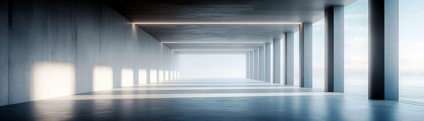 Poster - Modern minimalist interior space with expansive windows and natural light illuminating the concrete architecture and serene waterfront view in a serene setting
