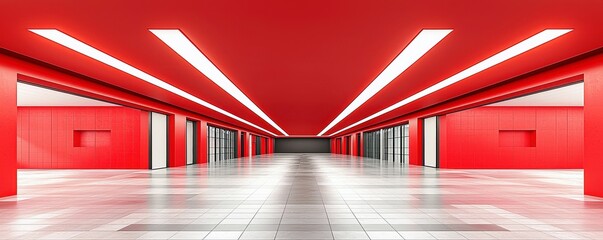 Poster - Modern Architectural Design Featuring Bright Red Interior with Sleek Lines and Open Space, Ideal for Contemporary Art or Retail Spaces