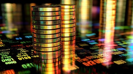 Poster - Stacked Gold Coins Reflecting Colorful Lights on Digital Background Representing Wealth, Investment, Finance, and Economic Concepts in a Modern Context