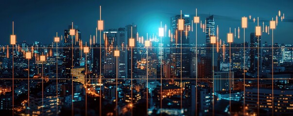 Poster - Nighttime Urban Skyline with Stock Market Chart Overlay Displaying Financial Data and Trends in a Modern Cityscape