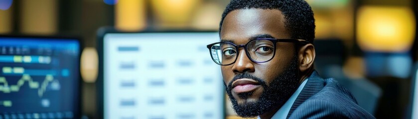 Poster - Professional African American Male Financial Analyst in a Modern Office Setting Analyzing Data on Multiple Monitors with Serious Expression