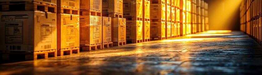 Poster - Warm Light Illuminates a Warehouse Aisle with Stacked Boxes on Wooden Pallets Creating a Inviting and Organized Storage Environment