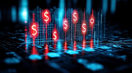 Poster - Digital financial data visualization with glowing dollar signs and currency charts in a futuristic cyber environment