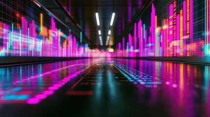 Poster - Colorful Data Visualization with Neon Lights Creating a Futuristic Data Environment in a Modern Digital Space for Technology and Business Concepts