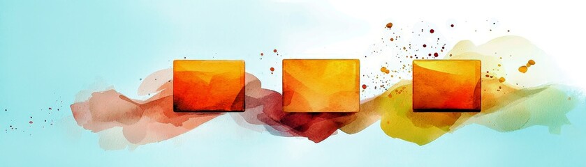 Poster - Abstract watercolor background with vibrant orange squares and colorful splashes for artistic design or creative projects
