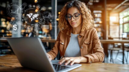 Poster - Professional Woman Working on Laptop in Modern Office with Financial Data Visualization and Creative Environment