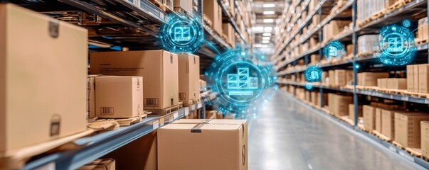 Poster - Futuristic Warehouse Technology with Digital Icons Overlaying Aisles and Cardboard Boxes in a Modern Supply Chain Environment