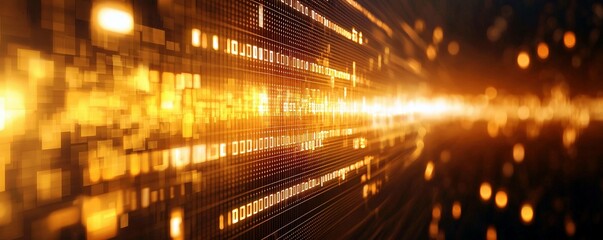 Poster - Dynamic Visualization of Digital Binary Data Flow with Bright Light and Warm Colors in a Technology Background