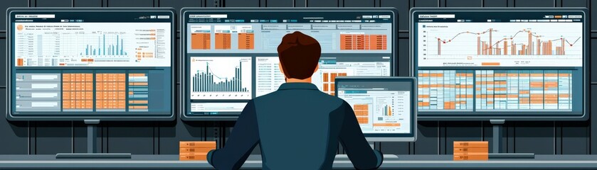 Poster - Professional analyst observing multiple digital screens displaying data and analytics for financial market research in a modern office setting