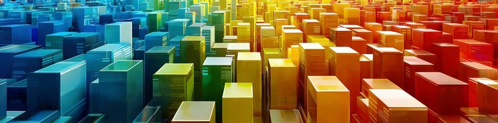 Poster - Colorful abstract background of stacked cubes in a vibrant gradient pattern showcasing shades from blue to green to yellow to red in a three-dimensional space