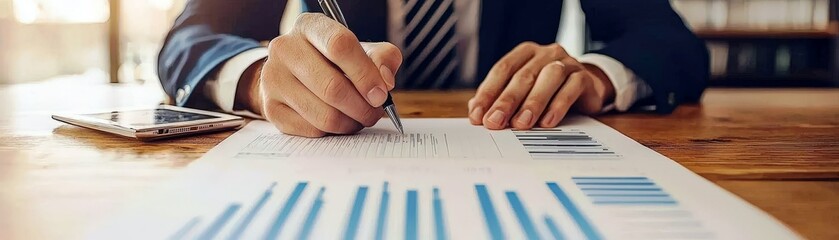 Poster - Business professional analyzing data reports while writing notes with a pen on a wooden desk in modern workspace with smartphone nearby