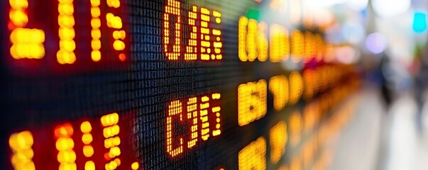 Poster - Digital stock market display showing various financial data in orange glow, reflecting market trends and prices in a bustling urban environment at night