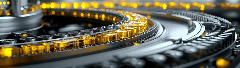 Poster - Close-Up View of Industrial Mechanical Components with Bright Yellow Lights Illuminating the Gear and Chain System on a Factory Production Line