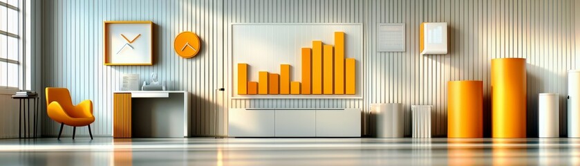 Poster - Modern office interior featuring orange accents with graph display, stylish furniture, and bright light illuminating a creative workspace