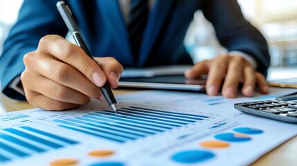 Poster - Business professional analyzing financial reports and charts with a pen while sitting at a desk with a calculator, showcasing data-driven decision-making