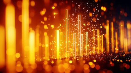 Poster - Abstract glowing bars with shimmering particles in a vibrant orange and gold color scheme creating a mesmerizing background for digital art or technology themes.