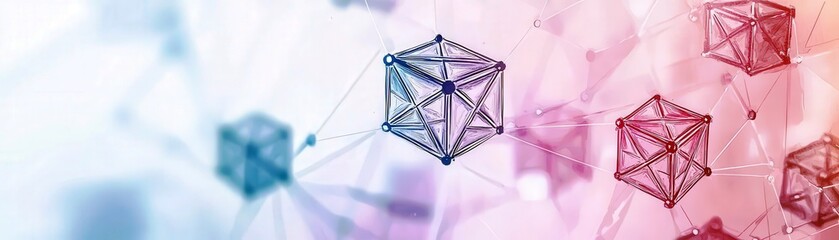 Poster - Abstract geometric shapes connected by lines representing technology, data, and communication in a colorful digital background