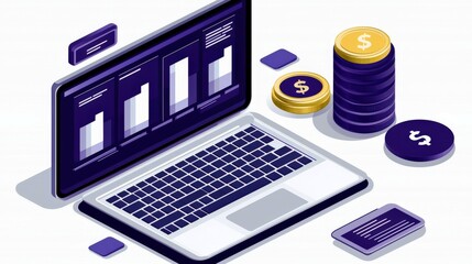 Poster - Laptop with financial data analysis, currency stacks, and digital graphics for accounting, investment, and financial technology concepts in modern workspace