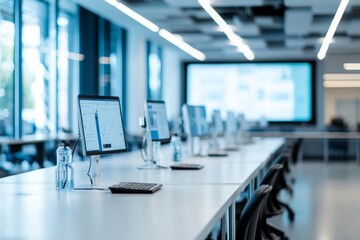 Poster - Image depicts a contemporary open office space featuring rows of computers with water bottles in a bright, minimalistic environment emphasizing productivity and modernity.