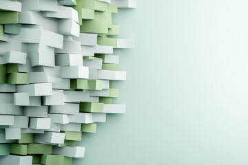 Poster - An artistic arrangement of green and white cubes creating an abstract wall pattern, illustrating depth and texture through their geometric composition and tonal balance.