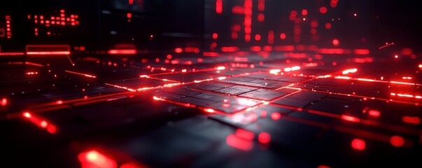 Poster - Abstract futuristic digital background with glowing red lines and cube structures, creating a high-tech visual atmosphere suitable for technology concepts
