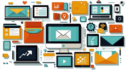 Poster - Colorful Digital Workspace with Laptops, Charts, Envelopes, and Icons Representing Technology and Communication in a Modern Office Environment