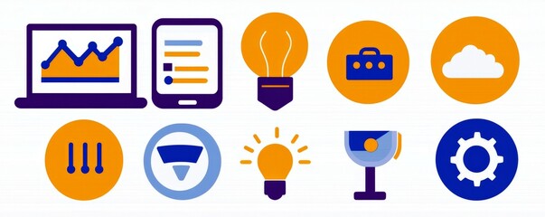 Poster - Modern Business Icons Collection Featuring Graphs, Gadgets, Light Bulbs, Briefcases, Clouds and Tools for Digital Marketing and Technology Concepts