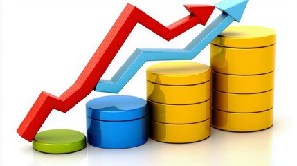 Poster - Colorful Graph and Financial Growth Concept with Bar Chart and Coins Illustrating Business Success and Economic Trends in Modern Analytics
