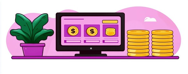 Poster - Digital Financial Platform Concept with Desktop Monitor, Coins, and Indoor Plant on Vibrant Pink Background for Business Growth and Investment Strategies