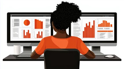Poster - Woman Analyzing Data on Dual Monitors in a Modern Office Environment Featuring Charts, Graphs, and Statistical Visualizations in Vibrant Orange and Red Colors