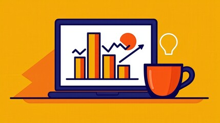 Poster - Modern laptop displaying colorful bar graph with rising trend and light bulb concept symbolizing growth and innovation on bright yellow background